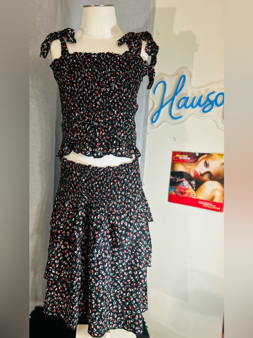 Black Floral Tie-Shoulder Smocked Top and Ruffle stretch Skirt (2-piece Outfit)